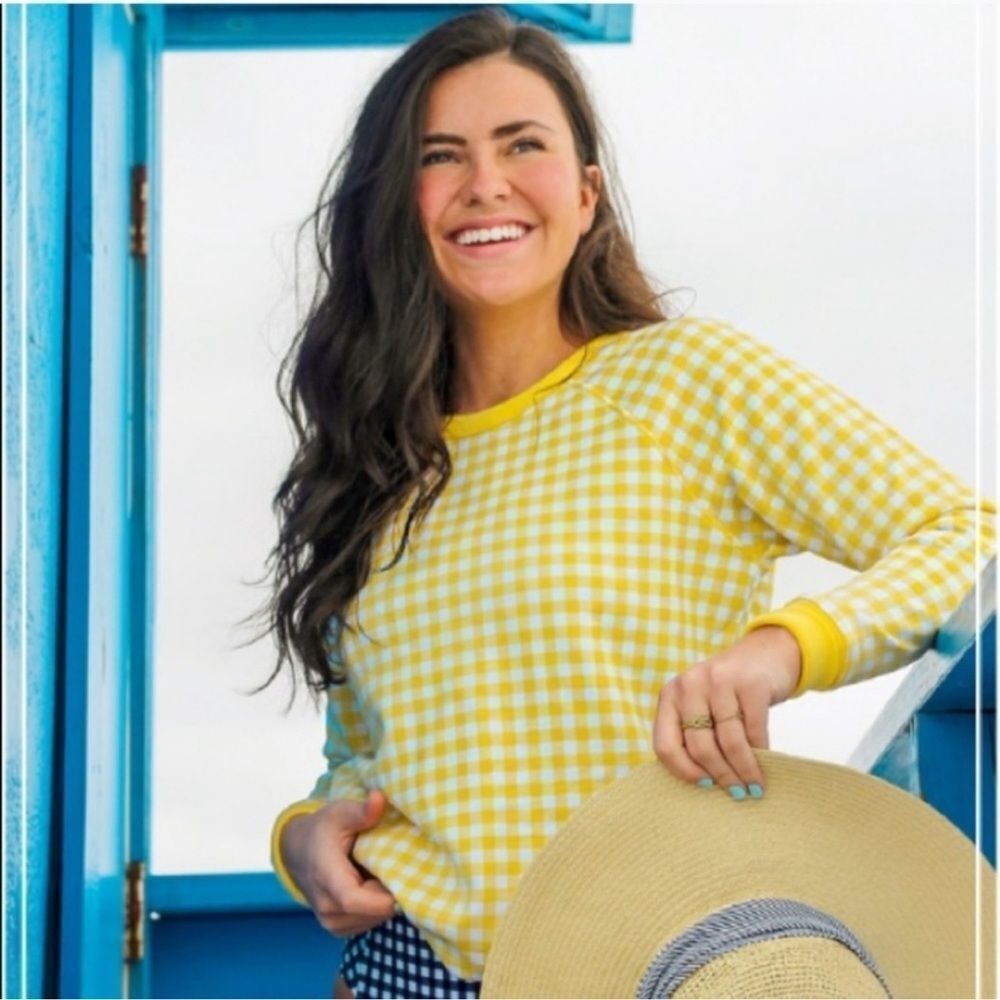 Draper James Natalie Gingham Sweatshirt Sz M butter yellow